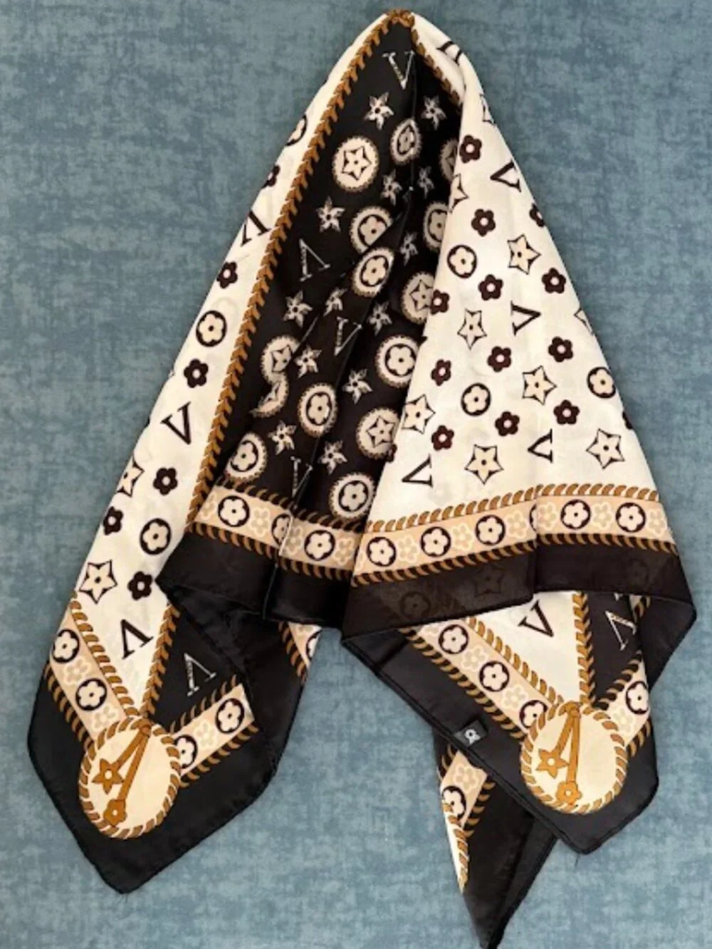 Black Ivory Gold Monogram Print Square Scarf Silky Satin Hair Neck Wrap